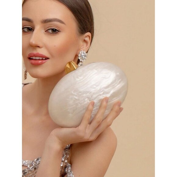 ⚡Women\'s Tan Shell Egg Metallic Evening Shiny Top Closure Trendy Clutch Handbags